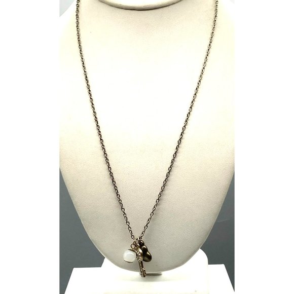 Vintage Silver Tone Charms Necklace, Chain with Tiny Abstract Heart, Pave Heart - Picture 2 of 4